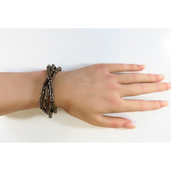 7 1/2" Triple Strand Bronzite 4mm Tube Sterling Silver Beaded Toggle Bracelet - Picture 2 of 12